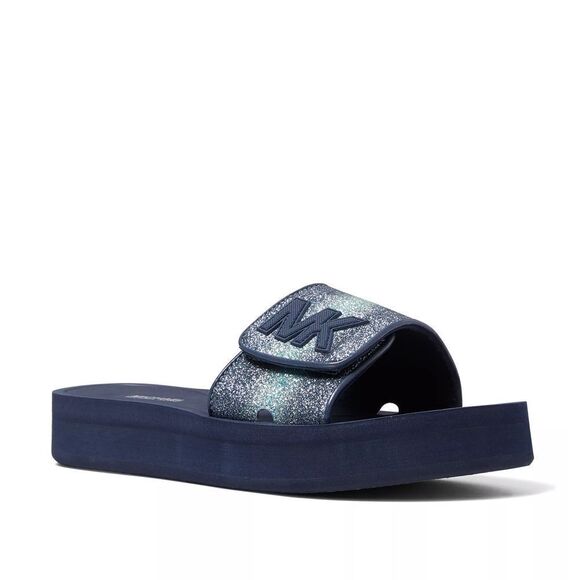 New! MICHAEL KORS Glitter MK Logo Platform Slide Sandals Shoes Open-Toe Blue 8 - Picture 1 of 8